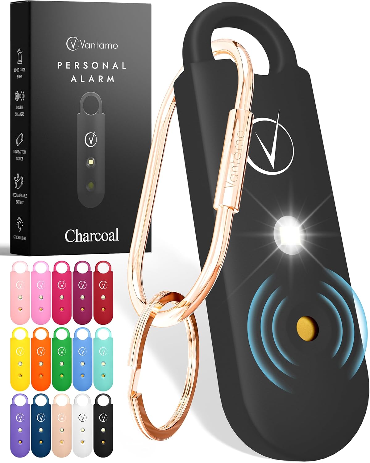 Vantamo Taschenalarm Extra Laut 130dB Mit 2 Lautsprechern Für Selbstverteidigung Frauen, Hell Taschenlampe & Batteriewarnung, Alarm Für Frauen Unterwegs Mit Schlüsselanhänger
